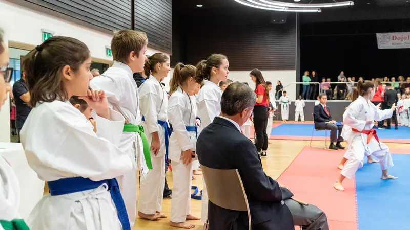 Kinder im Karategi mit grünem und blauem Gürtel stehen angetreten