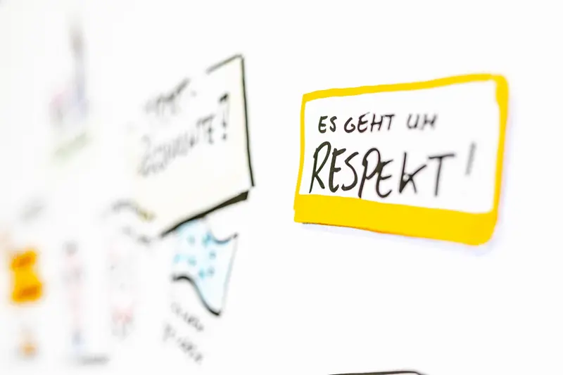 Unscharfe Nahaufnahme einer Sketchnote mit Sprechblase zu Respekt.