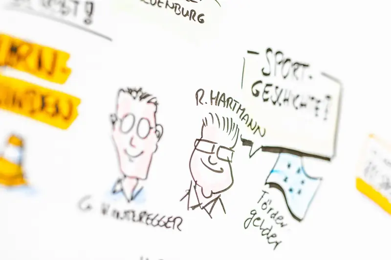 Sketchnote mit zwei gezeichneten Gesichtern und einer Sprechblase.