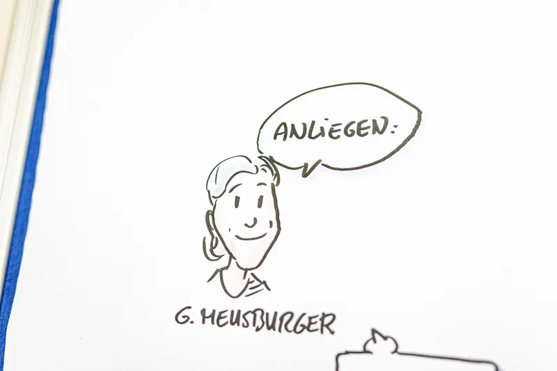 Sketchnote mit gezeichnetem Gesicht und Sprechblase zu einem Anliegen.