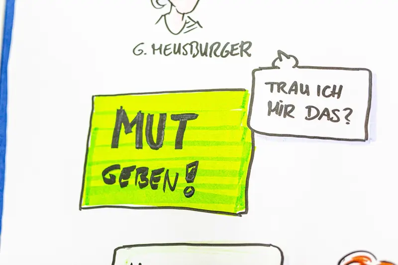 Sketchnote mit grünem Klebezettel und zwei Sprechblasen.