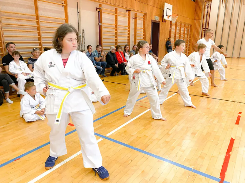 Kind in Kampfstellung auf der Turnhallenmatte
