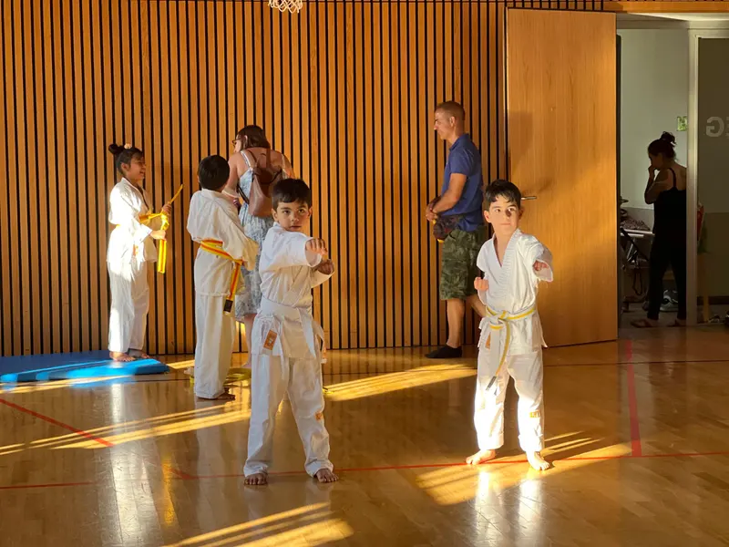 Drei Kinder im Karategi stehen in der Halle