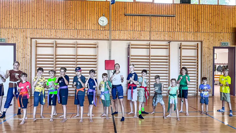 Gruppe Jungen in bunter Kleidung steht in Turnhalle vor Sprossenwand