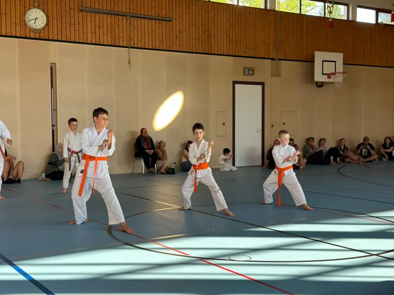 Zwei Kinder mit orangen Gürteln stehen sich in Grundstellung gegenüber