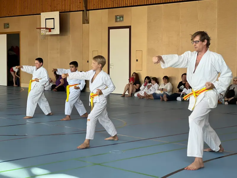 Prüfer zeigt Technik vor, Kinder mit gelben Gürteln in Reihe