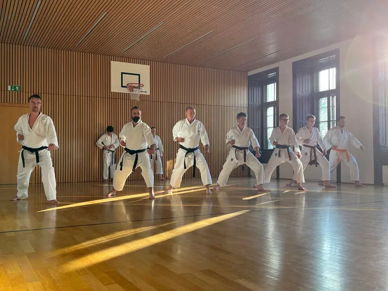 Gruppe Erwachsener in Grätschstellung, meist schwarze Gürtel, im Holzsaal