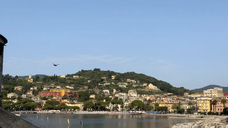 Blick über eine Küstenstadt und einen Hügel am Meer
