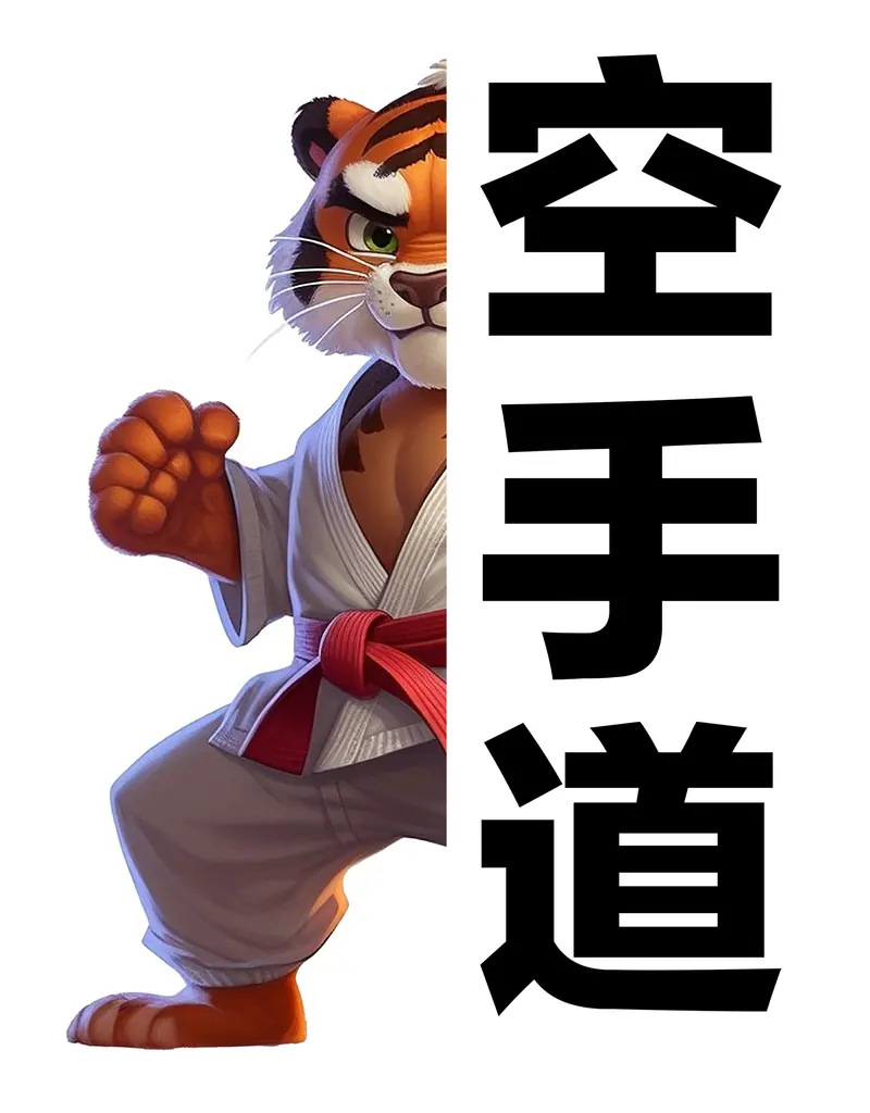 Grafik zeigt Tiger im Karategi mit japanischen Schriftzeichen für Karate-Do
