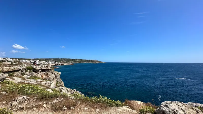Blick auf eine felsige Küste und das Meer