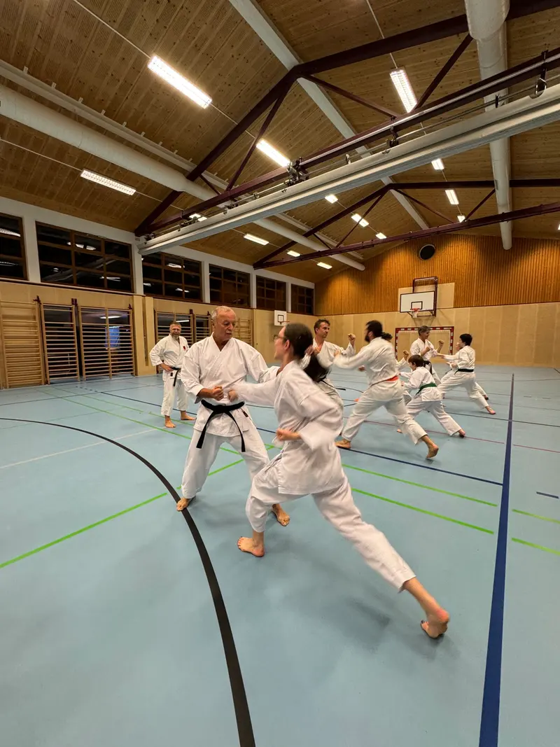 Trainer und Kind üben Partnertechnik in Turnhalle