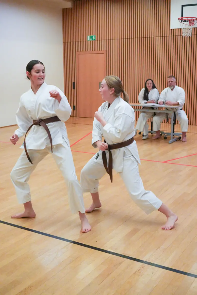 Zwei Personen mit braunen Gürteln üben Kumite in der Halle