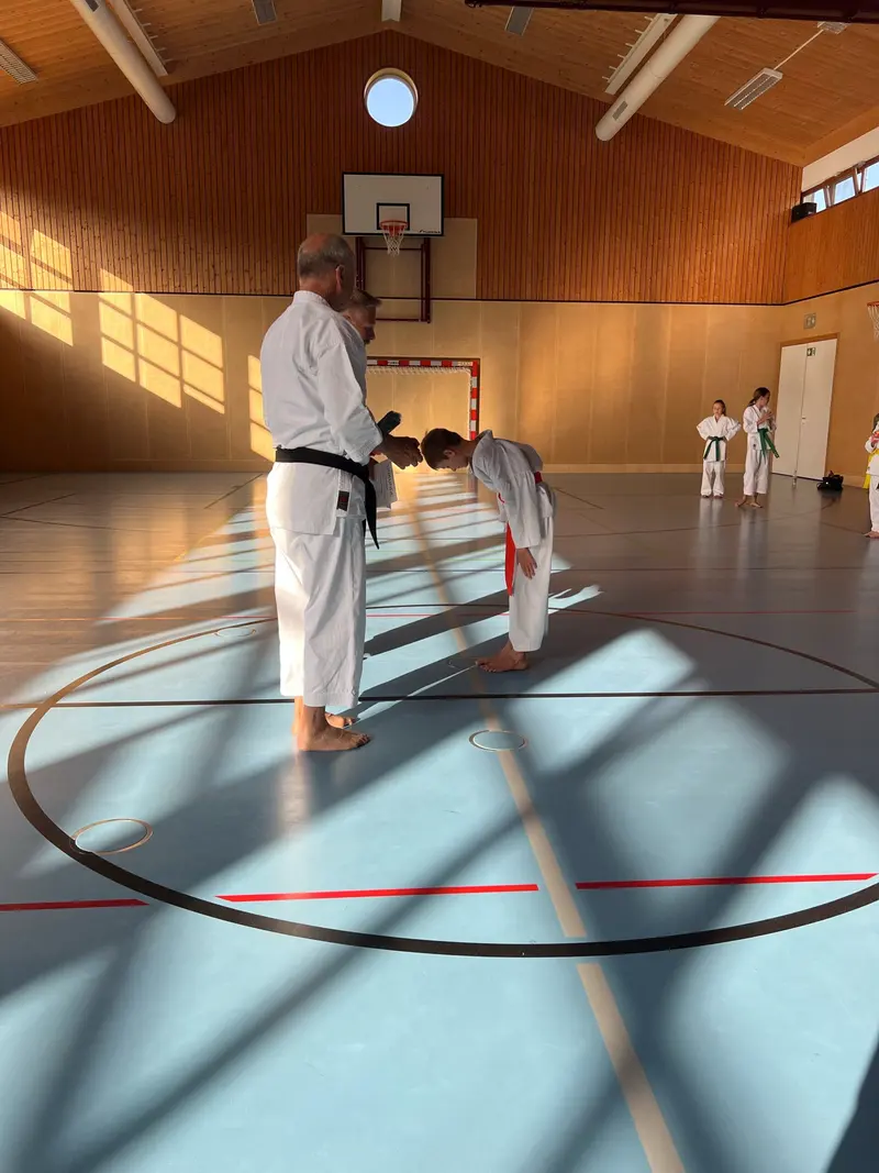 Erwachsener in Karategi verbeugt sich vor einem Kind.