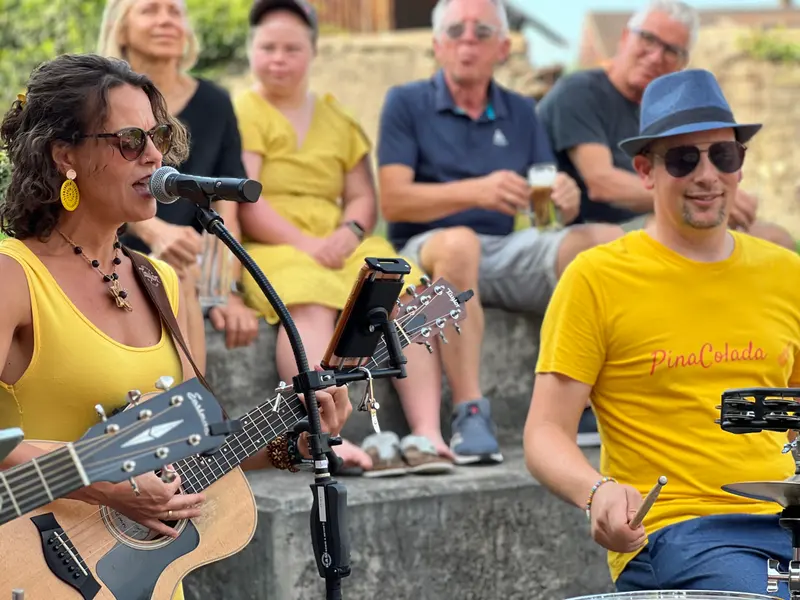 Person singt am Mikrofon vor sitzendem Publikum.